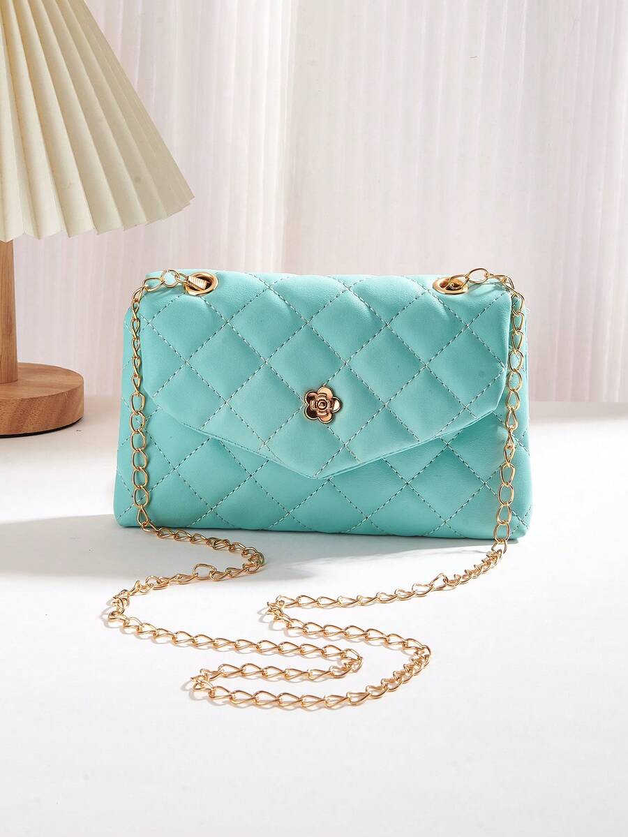 1 件女孩绗缝休闲时尚翻盖链条斜挎包，小号单肩包适合日常使用、度假、理想礼物 - 藍色 - 查看 1