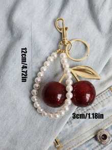 1pc Chic Cherry Keychain With Sparkling Resin Pendant - Alloy, Customizable C-Hook Closure For Women's Wallets & Bags ,Ideal Gift For Family, Friends, And Couples Valentine's Day Gift - Red - View 2