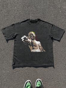 Men's Loose Fit Round Neck Retro Acid-Washed Vintage Style Casual Tee - Black - View 1