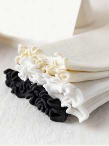 3 Pairs Black & White Lace Trim Mid-Calf Socks For Women, Comfortable Minimalist Versatile Daily Wear