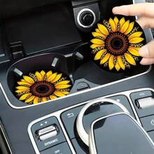 2 Peças Descanso de Copo de Carro com Girassol, Protetores de Copo Decorativos Redondos de 2,8 polegadas, Descansos de Bebida para Casa e Automóvel, Acessórios de Interior de Carro Unissex, Descansos Decorativos, Adequados como Presente para Parentes e Amigos