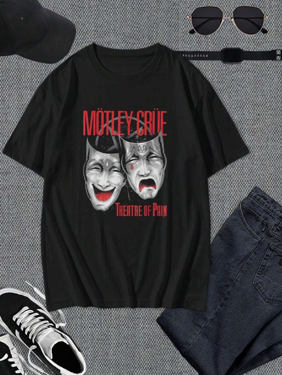 Camiseta negra para hombre de Mötley Crüe Theatre of Pain - Mercancía oficial de la banda, camiseta de rock, camiseta gráfica vintage, camiseta de banda de metal de los 80, camiseta informal de manga corta, tallas para jóvenes y adultos - Negro - Ver 1