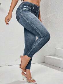 Women Plus Size Denim Effect Contrast Color Print Elastic Leggings