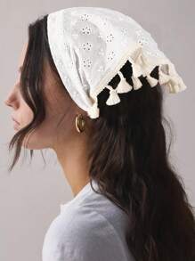 1pc White Knitted Flower & Mesh Pattern Triangle Scarf Headband Hair Band Turban Headband Sweatband