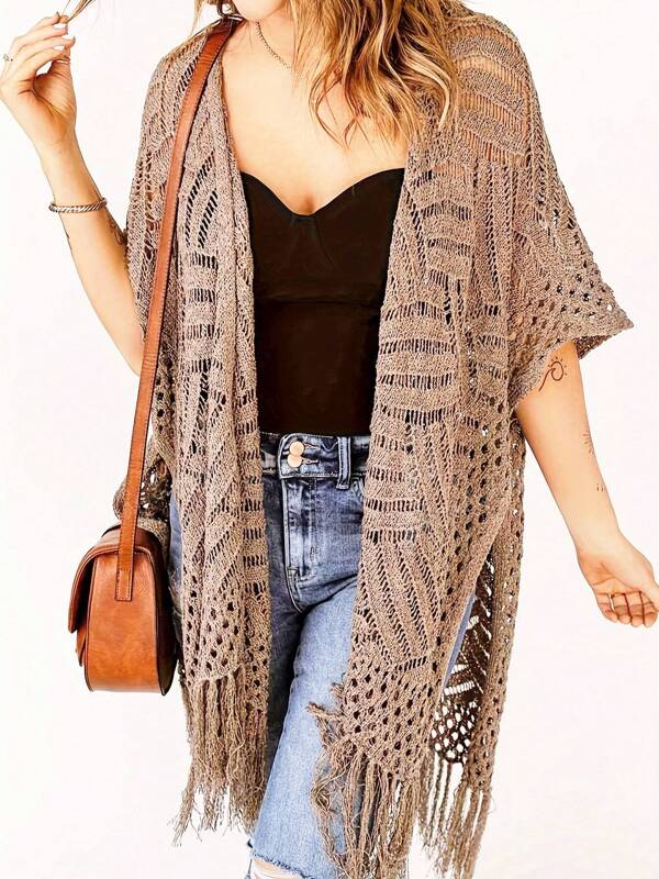 1pc Solid Color Knitted Fringe Plus Size Sweater, Casual Wear For Summer