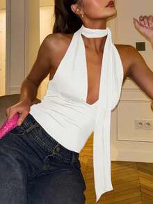 Y2K 春夏深V领性感露背吊带背心 - 白色 - 查看 4