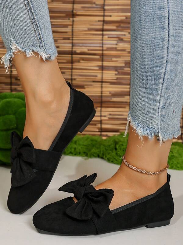 Women's Sweet Black Bow Velvet Flat Shoes, French Casual Style Slip-On Loafers, Soft Sole Comfortable & Elegant Shoes For Dress Or Pants, Spring, Gentle & Fashionable