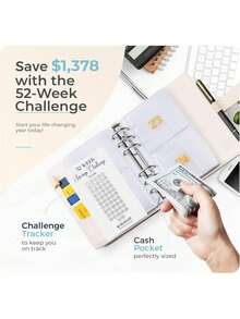 52 Week Savings Challenge Binder – Savings Challenges Book With Envelopes - Premium Budget Binder With Cash Envelopes - Budget Planner For Life Goals - Leafy Blues - A6 - View 3
