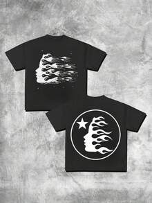 (220G Pure Cotton T-Shirt) 1Pc Men's Round Neck Short Sleeved Casual Pure Cotton Double Sided Print Tee With Cool Flame Like Silhouette Design - 黑色 - 查看 1