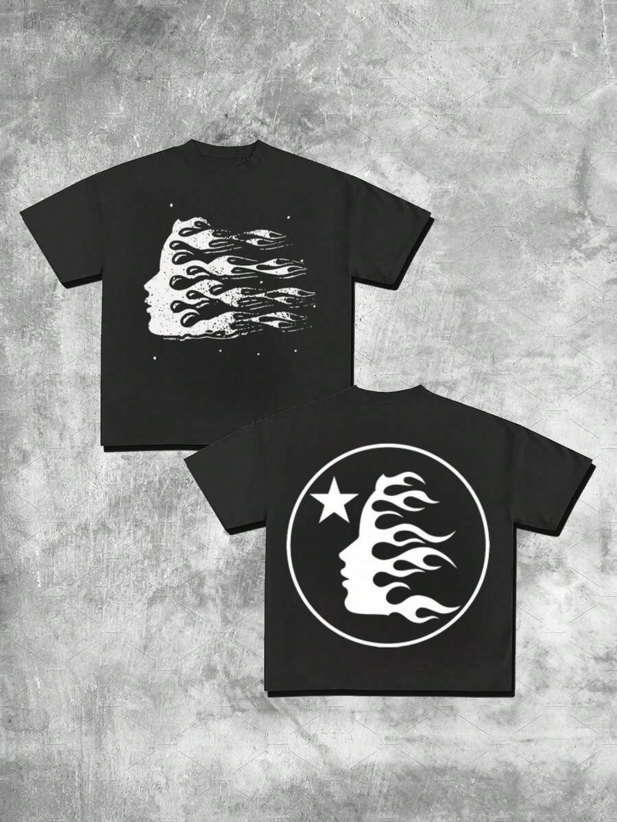 (220G Pure Cotton T-Shirt) 1Pc Men's Round Neck Short Sleeved Casual Pure Cotton Double Sided Print Tee With Cool Flame Like Silhouette Design - 黑色 - 查看 1