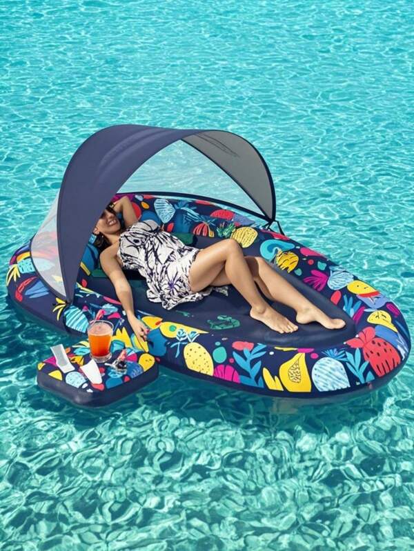 1pc 3-In-1 Inflatable Sunshade Lounger Chair With Canopy, Outdoor Swimming Pool Adult Floating Mat Water Mattress