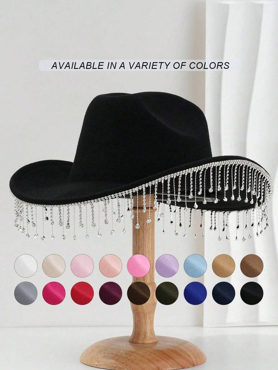 1 pezzo Cappello a cilindro unisex di colore unico con nappina in strass, adatto per eventi a tema occidentale, raduni, feste di fidanzamento, giochi di ruolo, cerimonie di laurea, feste in maschera, festival, matrimoni, compleanni, festival musicali, ecc. - Multicolore - Visualizzare 1