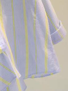 女式蓝色休闲/办公优雅条纹纽扣长袖衬衫，春夏