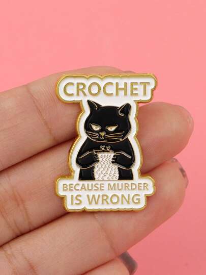 1pc Cute Black Cat Crochet Funny Enamel Brooch, Metal Lapel Pin Badge Backpack Clothing Accessory Animal Jewelry Gift