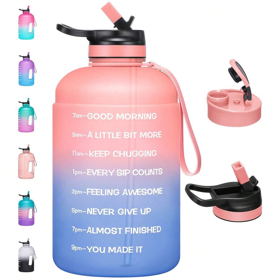 UKEIN Large 74 Oz/Half Gallon Motivational Water Bottle With 2 Lids (Chug And Straw), Sports Drink Water Jug With Time Marker For Camping Sports Workouts And Outdoor Activity - 粉紅藍 - 查看 1