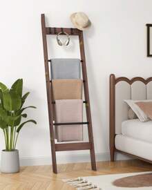 Blanket Ladder Shelf For Living Room, Decorative Wood Quilt Rack With 4 Removable Hooks, Farmhouse Ladder Holder Organizer For Bedroom, 6-Tier,Black Tea Brown