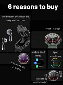 EFFEOKKI EFFEOKKI 2-In-1 Smart Watch With Earbuds Inside For Men, Popular Fitness Watch With Earphones, Integrated Earbuds, Alarm, NFC, High-Quality 2-In-1 Design Smartwatch, Compatible With Iphone Android Smartphone