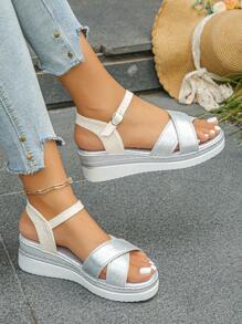 Women's Wedge Heel Thick Sole Sandals, Colorblock Bohemian Strap Design, Lightweight & Comfortable