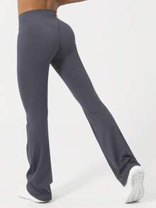 Sodalemon 女士V型提拉瑜伽健身喇叭裤，交叉腰带设计，运动跑步压缩阔腿紧身裤 - 灰色 - 查看 7