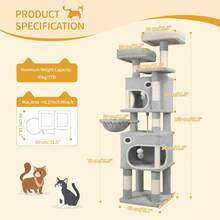 HEXCELEN 62.6" Cat Tree, Multi-Level Cats Condo With 8 Scratching Posts, Cat Tower For Indoor Cats, 3 Platforms, 2 Caves, Basket, Plush Balls, Sisal Rope, Anti-Tip Kit, Cat Tree Tower, Light Grey - 淺灰色 - 查看 7