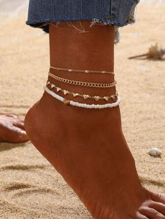 4pcs/Set Vintage Metal Chain Heart Beads Anklets Set, Suitable For Women Vacation And Beach Wear