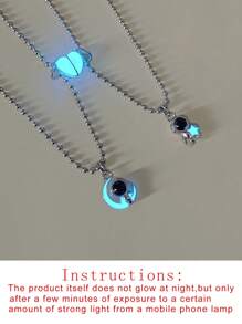 ATLVXJL 2pcs/Set Glow-In-The-Dark Astronaut Constellation Projection Bead Magnetic Necklace With Stainless Steel Chain, Casual Couple Jewelry Suitable For Daily Wear And Valentine's Day Gift