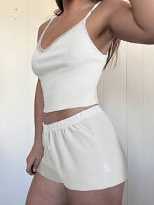 Women Summer 2 Piece Pajama Set Y2K Dots/Floral/Bear Print Lace Trim Cami Tank Top Spaghetti Strap Sleeveless Camisole Crop Tops And Elastic Shorts Sets Cute Pjs Loungewear Sleepwear - trắng - Xem 3
