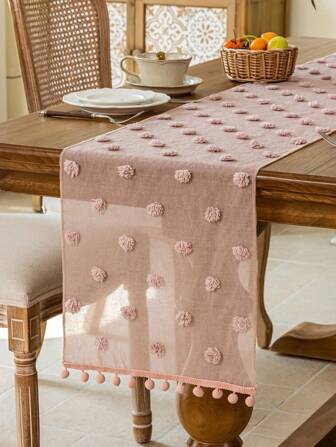 1 Stück eleganter französischer Stil Tüll Tischläufer mit flauschigen Bommel Dekor, leichter rechteckiger Tischschal für Frühling/Sommer, geeignet für Feiertage, Hochzeiten, Geburtstage, Partys, tägliche Heimdekoration