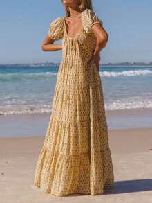 Woman Floral Puff Sleeve Maxi Dress Boho Ruffle Flowy Long Dresses Tiered A Line Summer Sundress - 黃色 - 查看 3