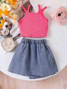 2 件套年轻女孩甜美花朵吊带背心 + 牛仔不对称裙夏季服装