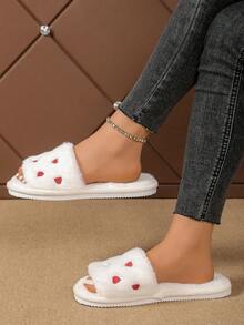 Pantofole da donna con ricamo a cuore, pantofole morbide e imbottite con punta aperta per uso interno/esterno, pantofole calde per l'autunno/inverno - Bianco - Visualizzare 4