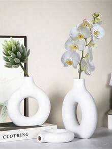 Room Decor 1pc White Plastic Circular Flower Vase Decoration, Simulated Dry Flower Decoration Vase, Artistic Vase For Floral Arrangements, Simple Living Room Exhibition Hall Decoration,Home Decor,Flower Vase,Centerpiece,Table Decor Valentine DAY, Valentines Wedding,