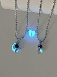 ATLVXJL 2pcs/Set Glow-In-The-Dark Astronaut Constellation Projection Bead Magnetic Necklace With Stainless Steel Chain, Casual Couple Jewelry Suitable For Daily Wear And Valentine's Day Gift