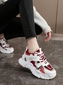 Women's Summer Mesh Breathable Sneakers, Platform Increase Jogging Sports Shoes, Fashionable Mesh Casual Trainers - Angola Red - View 3