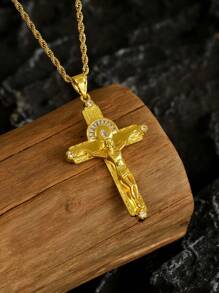 1 pieza de collar de hombre estilo vintage de acero inoxidable chapado en oro de 18k con colgante precioso de Jesucristo crucificado con circonita, collar de acero inoxidable chapado en oro estilo hip-hop europeo y americano con cruz dorada