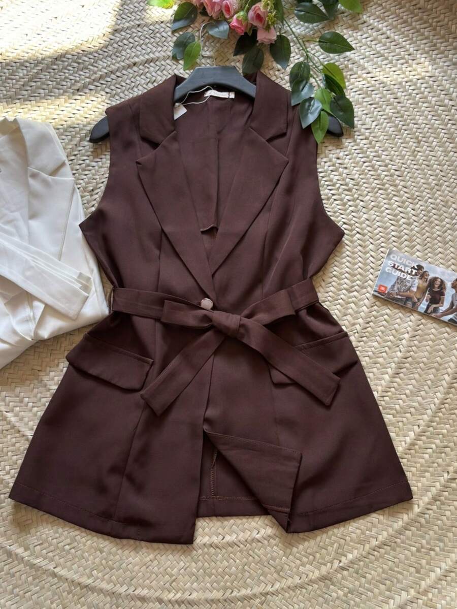 Women's Solid Color Vest With Belt - Cà phê nâu - Xem 1