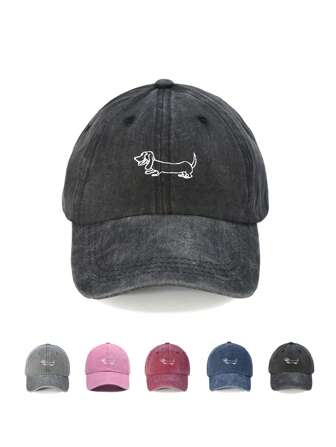1pc Women's Embroidered Line Pattern Dachshund Washed Baseball Cap, Adjustable Outdoor Sun Protection Casual Hat Suitable For Spring/Autumn Travel, Beach Vacation, Men's Y2K Style Sun Hat