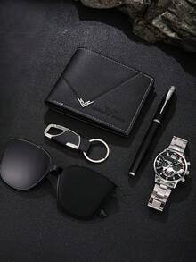5 件商务时尚 PU 皮革钱包、钢笔、石英表、太阳镜、钥匙扣礼品套装，情人节、父亲节送给他的完美礼物 - 黑色套裝4 - 查看 3