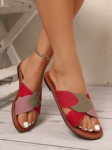 女款時尚夏季交叉帶葉片設計平底圓頭涼鞋，適合度假派對生日禮物，戶外舒適優雅女鞋 - 紅色 - 查看 6