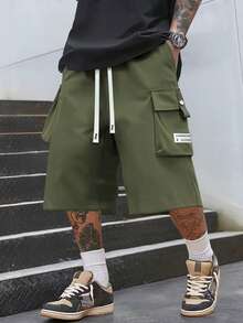 Pantalones cargo 3/4 ligeros para hombres con cintura con cordón, bolsillos grandes, parches con letras, pantalones deportivos casuales para uso diario, verano - Verde militar - Ver 3