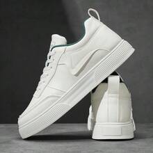 Men's Solid Color White Lace-Up Front Sports Skate Shoes, Minimalist Style Round Toe Thick Bottom Height Increasing Athletic Shoes - White Green - View 3