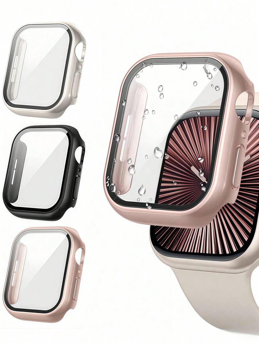 3 Packs 3 IN 1 Tempered Glass Film Hard PC Bumper Case For Apple Watch Series 11 10 9 8 7 6 5 4, 40mm/41mm/42mm/44mm/45mm/46mm/49mm Compatible With IWatch Screen Protector Protector Case Face Cover, For Women Men, Ultra-Thin Guard,Clear/Black/Rose Gold