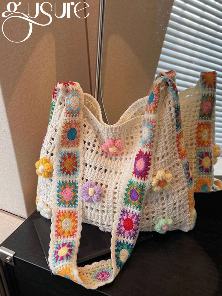 Túi tote móc len họa tiết hoa phong cách Bohemian dung tích lớn, túi xách tay móc rỗng nhiều màu sắc kiểu cổ điển, túi đeo vai móc rỗng thời trang dành cho nữ, túi móc len họa tiết hoa nhiều màu sắc, túi tote dung tích lớn, túi tote hàng ngày dành cho nữ. - Màu be - Xem 1