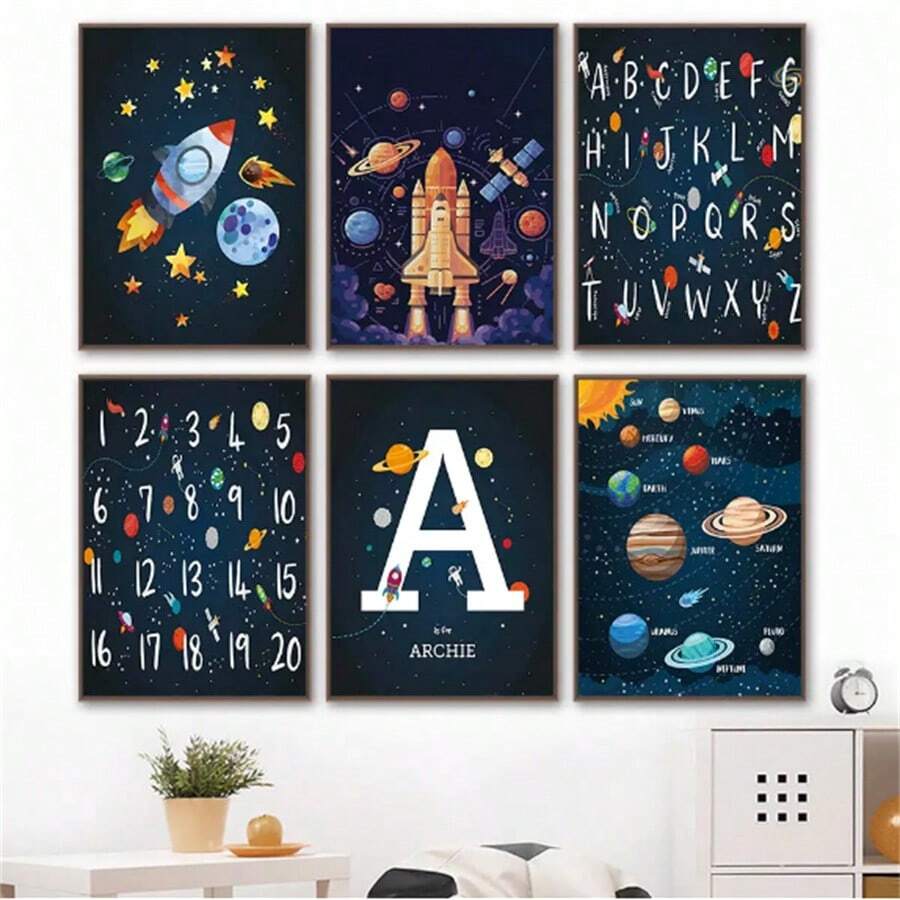 1 Pc Optional Frame Posters Wall Arts Planet Rocket Number Alphabet Nursery Wall Art Canvas Painting Nordic Poster And Print Wall Pictures Kids Room Decor ,Wall Art With Frame