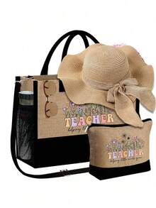 教师字母印花手提包 简约亚麻手提包，女士手提包，可重复使用的购物手提包和化妆包，花朵，字母印花，节日礼品包，夏季必备品，度假和节假日的完美选择，适合日常使用