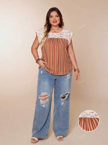Plus Size Women Elegant Woven Colorblock Round Neck Dolman Sleeve Pleated Front Curved Hem Top, Rust Brown, Summer