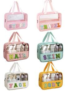 1Piece Preppy Cute Cosmetic Bags With Chenille Letter Patches, Travel Essentials Large Clear Zipper Hair Face Body Stuff Makeup Bag With Dual Handles,Waterproof PU Cosmetic Toiletry Storage Wash Tote Pouch For Women Teen Girls Bag,Room Decor, Bags,Makeup Bag,Vanity,Travel,Make Up Bag,Travel Essentials,Organizer,Storage,Travel Essential,Makeup Organizer,Makeup Bags,Make Up Organizer,Organiser,Toiletry Bag,Desk Organiser,Cosmetic Bag,Makeup Pouch,Make Up Organize,Vanity Accessories,Make Up Pouch,Make Up Bagstoiletry Bag For Ladies,Small Makeup Bag,Toiletry Bag For Ladies,Small Makeup Bag,Toiletry Bag For Women,Gifts For Women,Christmas Gifts,Gift Ideas For Women