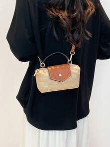 Women's Fabric Woven Straw Bag, Beach Vacation Mini Shoulder Bag, Magnetic Snap Dumpling Bag, Casual Cute Fashion Purse - Khaki - View 5