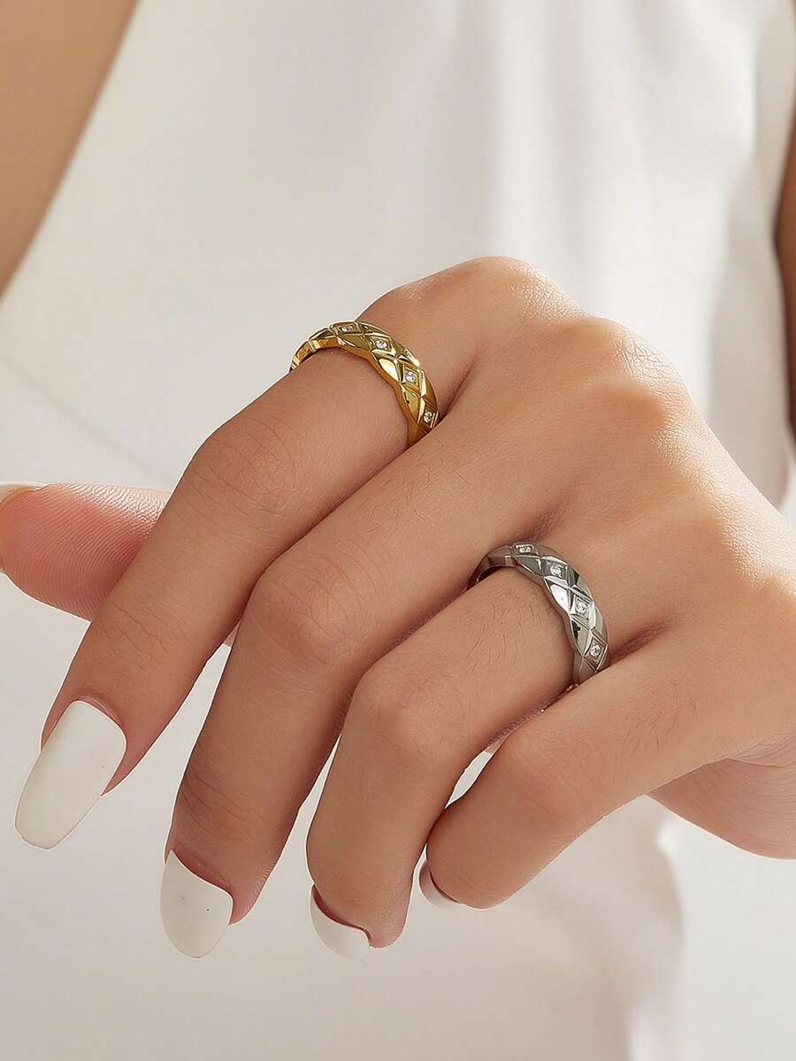 1 件 18K 镀金华丽风格不锈钢 CNC 方晶锆石戒指女士珠宝婚礼派对社交聚会约会礼物 - 菱形CNC鑲鑽戒指 - 查看 1