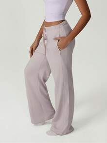 Women's Polyester Drawstring Wide Leg Casual Jogging Pants Trouser - Mauve Purple - View 6